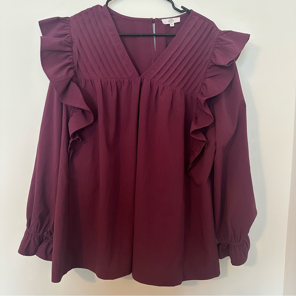Women's Ruffled V-Neck Top - Burgundy